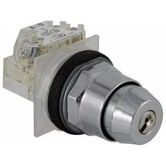 This key switch is a 2-position maintained/maintained selector switch with SPDT contact form. It mounts in a 30 mm panel cutout and allows key removal in any position. Suitable for industrial control panels and machinery requiring key-operated access restriction.