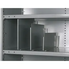 This vertical divider is designed for use with standard metal shelving to organize and separate stored items. Constructed from steel with a powder-coated gray finish, it includes fasteners for installation. The ESD conductive property helps control static discharge in sensitive environments.