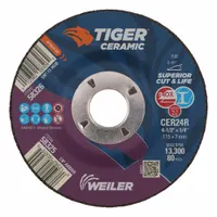 Ceramic abrasive grinding wheel for carbon and stainless steel. Type 27 shape, 4-1/2" diameter, 1/4" thickness, 7/8" arbor hole, 24 grit. Suitable for stock removal, weld grinding, and edge chamfering