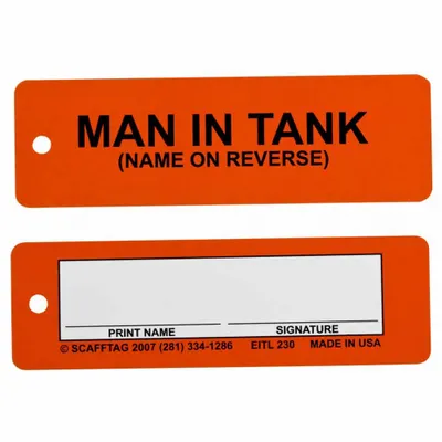 BRADY Tag: Man In Tank, 6 1/2 in Wd, 2 in Ht, Black/Orange/White, Rectangle, Polyester - Safety