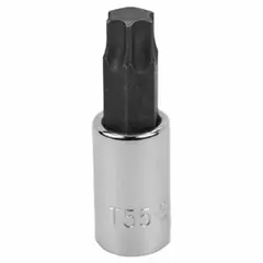 This Torx Plus bit socket features a T55 tip size and a replaceable insert design. It is used for driving Torx Plus fasteners in applications such as automotive repair, heavy equipment maintenance, and industrial assembly where high-torque fastening is required.