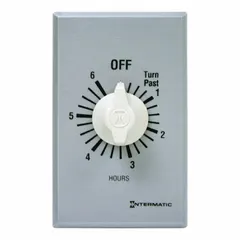 Spring-wound mechanical timer with a maximum 6-hour timing duration. Single-pole single-throw (SPST) switch rated for 277V AC. Includes a silver wall plate. No hold feature. Used for automatic on/off control of lighting, fans, or other electrical loads in industrial and commercial applications where no external power is needed for timing.