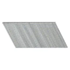 Collated finishing nails with chisel point, T head, smooth steel finish. 1.25 inches long, 2,500 nails per pack. Used for trim work, baseboards, crown molding, and cabinetry.
