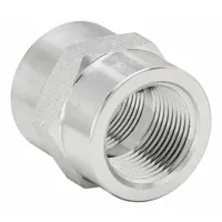 This threaded high-pressure pipe fitting is a straight connector with 1-inch female NPT threads on both ends. Constructed from steel, it is rated for a maximum operating pressure of 3,000 psi. Used in hydraulic, pneumatic, and industrial fluid systems to join two female-threaded pipes in a straight line
