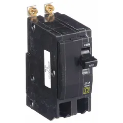 Bolt-on miniature circuit breaker for overcurrent protection in single-phase electrical distribution systems. Rated 100 A at 120/240V AC with a maximum interrupting rating of 22kA. Two-pole unit for use with Square D NQOD panelboards.