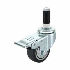 Swivel caster with brake for clamp-on pipe systems. Rubber wheel, silver/black finish, 150 lb maximum load capacity. Adds mobility to modular pipe structures, workstations, and material handling carts.