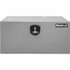 Single drop-down door box in silver with a smooth finish. Features a keyed lock for security. Suitable for underbody mounting on trucks to store tools and equipment.
