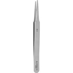 Stainless steel tweezers with a round, straight tip measuring 0.008 in thickness. Smooth finish, standard type. Suitable for precision handling in electronics assembly, laboratory work, and fine mechanical applications.