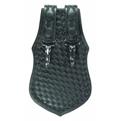 Black leather key pouch with basket weave texture. Measures 5 in x 115 mm, features a snap closure, and fits belts up to 2 1/4 in wide. Suitable for securing keys in industrial and maintenance settings.