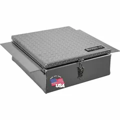 Silver aluminum step truck box with hasp latch, no lock. Overall depth 9 in, height 24 in, width 22 in. Designed for in-frame mounting on service trucks to store tools and equipment.