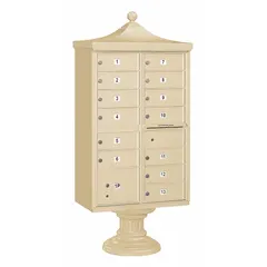 This horizontal multi-unit mailbox features 14 lockable front-access doors and is designed for pedestal mounting. It measures 71 3/4 inches in height, 31 inches in width, and 18 1/2 inches in depth. Suitable for centralized mail distribution in multi-tenant residential or commercial settings.