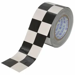 This polyester floor marking tape features a checkered black/white pattern for high visibility. It is 3 inches wide, 100 feet long, with an 8 mil thickness and no legend. Commonly used to mark aisles, hazard zones, and work areas in industrial facilities.