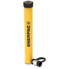 Single-acting hydraulic ram with 10 ton nominal capacity and 14 in nominal stroke. Constructed from steel. Suitable for lifting, pressing, and positioning heavy loads in industrial maintenance, construction, and manufacturing applications.