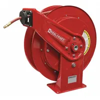 Spring-return hose reel for air or water service. Hose capacity 50 ft of 1/2 in I.D. hose. Maximum operating pressure 300 psi. Hose end configuration 3/8 in MNPT. Nickel-plated steel swivel. Red finish. NPT x NPT connections. Overall dimensions 19-3/4 in L x 8-1/4 in W x 20-1/4 in H