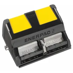 The ENERPAC XA12 is a medium-flow air-operated hydraulic pump unit with a maximum operating pressure of 10,000 psi and a 0.53-gallon reservoir capacity. It features a 3-position foot-pedal control with a Hold function for precise operator control. This pump is used in industrial applications requiring hydraulic power from a compressed air source, such as clamping, pressing, or lifting.