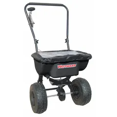 This walk-behind spreader is suited for distributing salt, ice melt, fertilizer, or seed on lawns, landscapes, and agricultural areas. It features a steel frame and a 30 lb capacity, with a maximum spread width of 12 ft.
