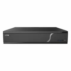 Network IP video recorder supporting up to 32 camera inputs with H.265 compression. Features 6 TB internal storage, VGA output, 320 Mbps network interface, and sensor-based recording. Video export via USB flash drive.