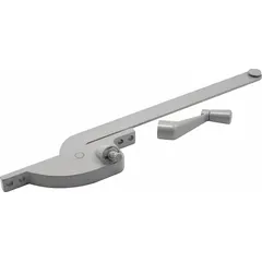 This left-hand crank window operator is designed for casement windows and mounts to the frame. It includes a crank handle and features a painted aluminum finish. The base length is 4-3/4 inches. Suitable for residential and light commercial window applications.