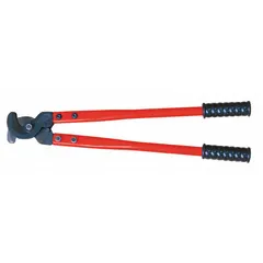This straight cable cutter is designed for cutting aluminum electric cable up to 500 kcmil maximum diameter. It features a plastic handle for user comfort. Suitable for electrical installation and repair tasks.