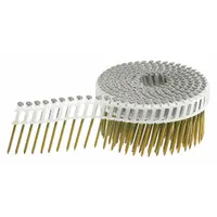 Collated framing nails for use with pneumatic nailers. 2-1/4 inch length, galvanized steel, flat ring shank, diamond point. Pack of 3600