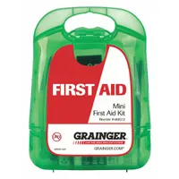Portable first aid kit in a green plastic housing, serving one person with 17 components. Includes 11 adhesive bandages, 4 gauze pads, and 2 alcohol wipes. Suitable for minor wound care in workplace or home settings. OSHA compliant; no oral or inhalant medication included