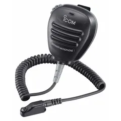 The ICOM HM138 is a speaker microphone compatible with ICOM F51 and F61 series radios. It features a 9-pin multifunction connector, push-to-talk button, and a 17-inch cord. With an IPX7 waterproof rating, it is suitable for use in wet environments. Color: Black.