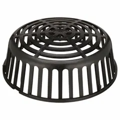 Plastic dome and cage assembly for roof drains. Designed to filter debris and prevent clogging in drainage systems on flat or low-slope roofs. Features a drop-in connection type with an unfinished finish. Overall height 4-1/2 inches.