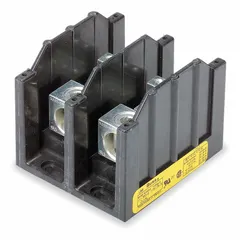 Open block with lugs for power distribution in electrical systems. Accepts line-side wire sizes from 6 AWG to 350 kcmil. Aluminum construction, surface mount, lug-to-lug connections.