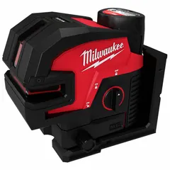 This cross-line laser level projects two green lines and four dots for horizontal and vertical layout. It features electronic self-leveling with an accuracy of ±1/8 in at 33 ft. Powered by the M12 platform, it is suited for alignment and leveling tasks in construction and installation work.