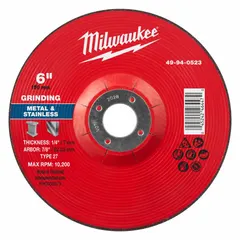 This MILWAUKEE grinding wheel is a Type 27 depressed-center wheel with dimensions 6" x 1/4" x 7/8". It features aluminum oxide abrasive at 30 grit for aggressive material removal on carbon and stainless steel. Suitable for weld preparation, deburring, and surface blending in fabrication and maintenance tasks.