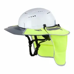 Polyester over-the-hat visor with wide brim for use with hard hats and helmets. Provides shade and reduces glare in outdoor work environments. Black head protection color.