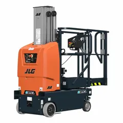 The JLG E18MCL is a battery-powered drivable vertical lift with an 18 ft elevated platform height and a 31.5 in x 30 in platform. It includes a battery charger and is suited for indoor maintenance, installation, and warehousing tasks requiring access to overhead equipment or shelving in confined spaces.