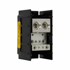Open power distribution block with lug-to-lug connections for surface mounting. Accepts line side wire sizes from 2 AWG to 600 kcmil. Copper construction. Used to distribute power from a single incoming cable to multiple outgoing circuits in electrical panels.