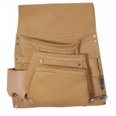 Tan leather tool pouch with open top and 10 pockets for carrying fasteners such as screws, nails, and bolts. Attaches to belts up to 2 3/4 inches wide via belt slot. Suitable for hands-free fastener storage on construction or maintenance jobs.
