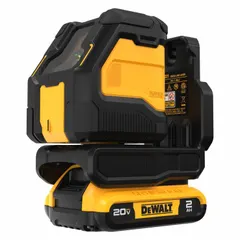 This cross-line laser level projects horizontal and vertical lines with a green beam for visibility. It features electronic self-leveling and ±1/8 in @ 30 ft accuracy. Powered by a 20V Max battery system, it includes a carrying case. Suitable for layout tasks such as installing cabinets, shelving, and drop ceilings.