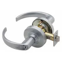 This privacy lever lockset is designed for interior doors requiring locking from the inside, such as bathrooms or bedrooms. It features a satin chromium-plated cast zinc finish and is ADA compliant. The lockset carries ANSI function code F76 and does not include a visual indicator or ligature resistance