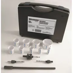 This 13-piece hole saw kit features bi-metal construction with 4/6 teeth per inch and a maximum cutting depth of 1-1/2 inches. Designed for cutting through wood, metal, and plastic, it is suitable for creating clean holes in various materials for general industrial applications.