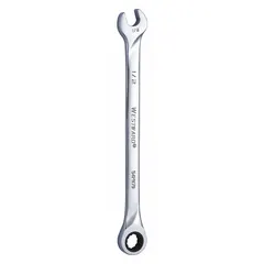 Alloy steel construction with a chrome finish. Standard-length wrench with a 1/2-inch 12-point ratcheting box end and open end. Used for tightening and loosening fasteners in general industrial maintenance and assembly tasks.