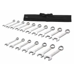 This 17-piece combination wrench set includes both SAE and metric sizes with 12-point box ends. The wrenches are made of alloy steel with a satin finish and feature a 15° head offset angle for improved access. The set is supplied in a pouch for organized storage. Suitable for general fastening tasks in maintenance and repair.