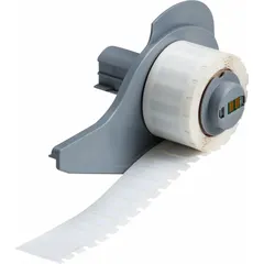 White gloss polyester precut label roll, 21/32 in x 13/64 in, for use with M710 printer series. Suitable for industrial identification and asset tracking on equipment, panels, and wiring.