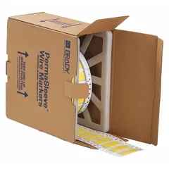 Precut sleeve label roll made of polyolefin with a yellow matte finish. Each label measures 1/2 in x 2 in and is designed for wire gauges 1 AWG to 8 AWG. Compatible with the BBP72 printer series for on-demand identification in industrial wiring, panel building, and cable marking applications.
