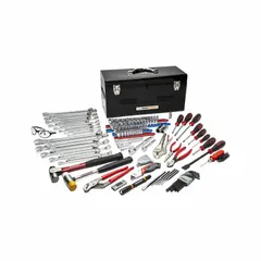 This 121-piece mechanics hand tool set includes Metric and SAE tools, (3) pliers, and (6) screwdrivers, all stored in a tool box. Suitable for general maintenance, automotive introductory tasks, and routine repairs or assembly work.