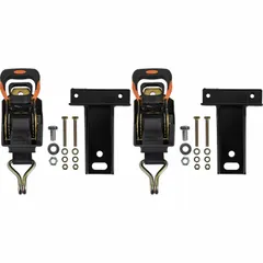 Truck rack mounted tie downs for securing cargo during transport. Used to prevent load shift on flatbed trucks and roof racks. Suitable for logistics, moving, and industrial shipping applications.