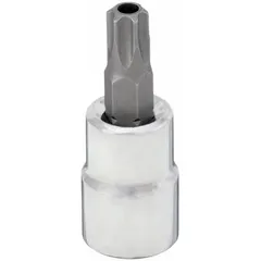 This Security Torx bit socket features a T45 tip size and a 3/8 in drive, with an overall length of 1 3/4 in. It is designed for driving tamper-resistant Torx fasteners in applications such as industrial maintenance, automotive repair, and equipment assembly.