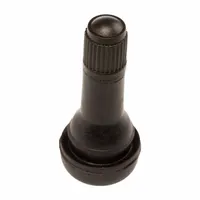 Snap-in tire valve stem with L-shape design and 180° valve stem angle for easy access in tight spaces. Constructed from black rubber with standard bore size and 0.305-32 thread. Suitable for maintaining tire pressure in automobiles