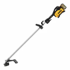 Battery-powered string trimmer with a 17-1/2 in cutting width and straight shaft. Powered by a 9.0 Ah battery, it delivers equivalent performance to a 36 cc gas trimmer. Suitable for trimming grass and weeds along fences, walls, and flower beds in residential and commercial landscaping.