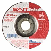 Type 27 depressed center cut-off wheel with aluminum oxide abrasive, 24 grit, A24R series. Measures 4-1/2" diameter, 3/32" thickness, 7/8" arbor hole. For cutting carbon steel and stainless steel in metal fabrication and maintenance tasks