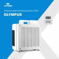 Activated carbon adsorption and particulate filtration unit with 3,000 sq ft max coverage area. Constructed of impact-resistant plastic for durability. Includes air filter. Suitable for air purification in industrial, commercial, and restoration settings.