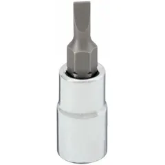 This slotted bit socket features a 4 mm metric tip size and a 1-1/2 in overall length. Designed for use with 1/4 in drive ratchets and drivers, it is suitable for driving slotted screws in applications such as automotive repair, machinery assembly, and general maintenance.