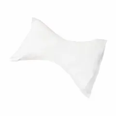 Cervical rest pillow designed to support the neck and head during rest or sleep. White cotton/polyester cover. Overall length 24 in, width 18 in, fill weight 16 oz.